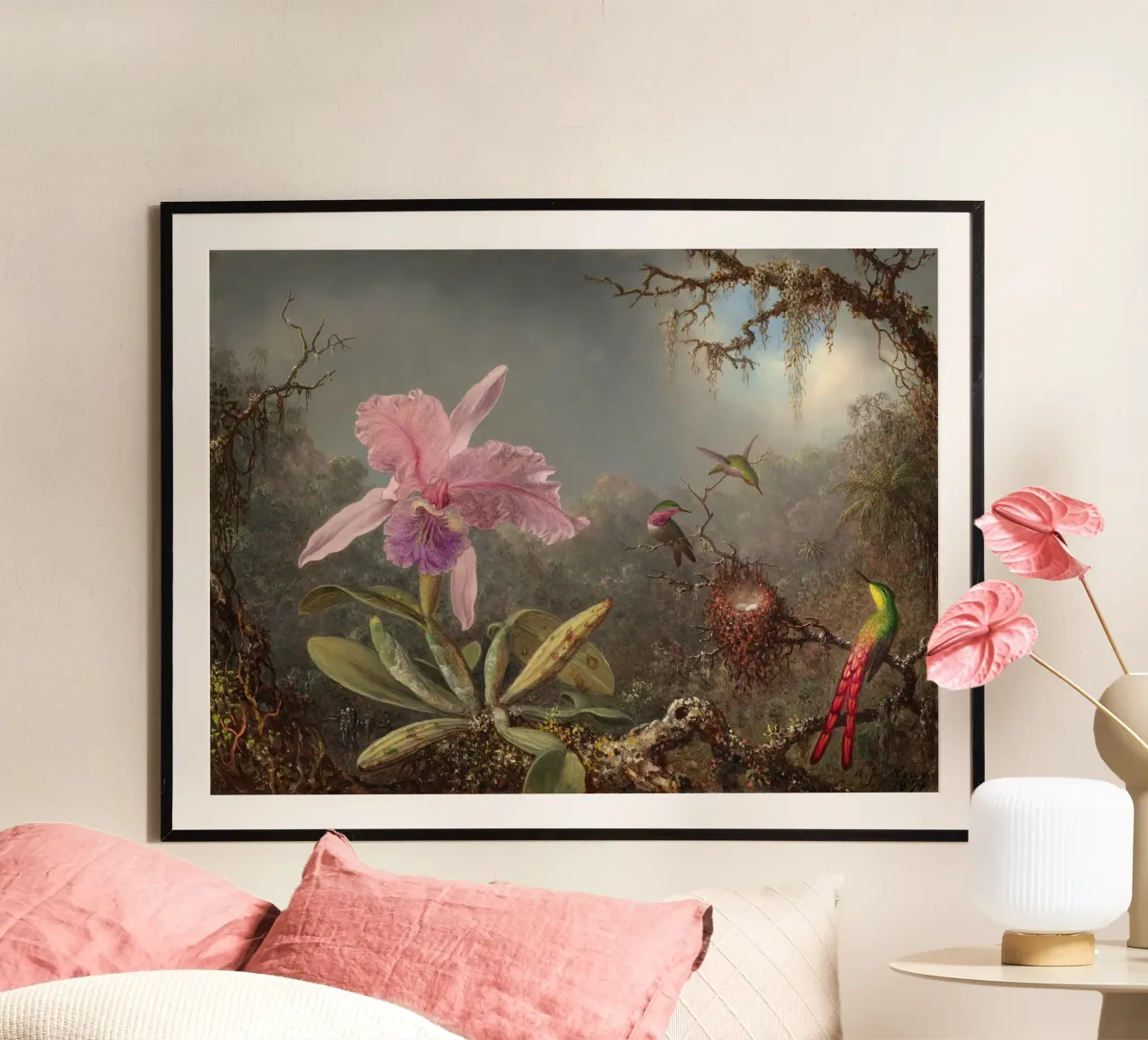 Cattleya Orchid and Three Hummingbirds poster con telaio in plastica da apoloprints