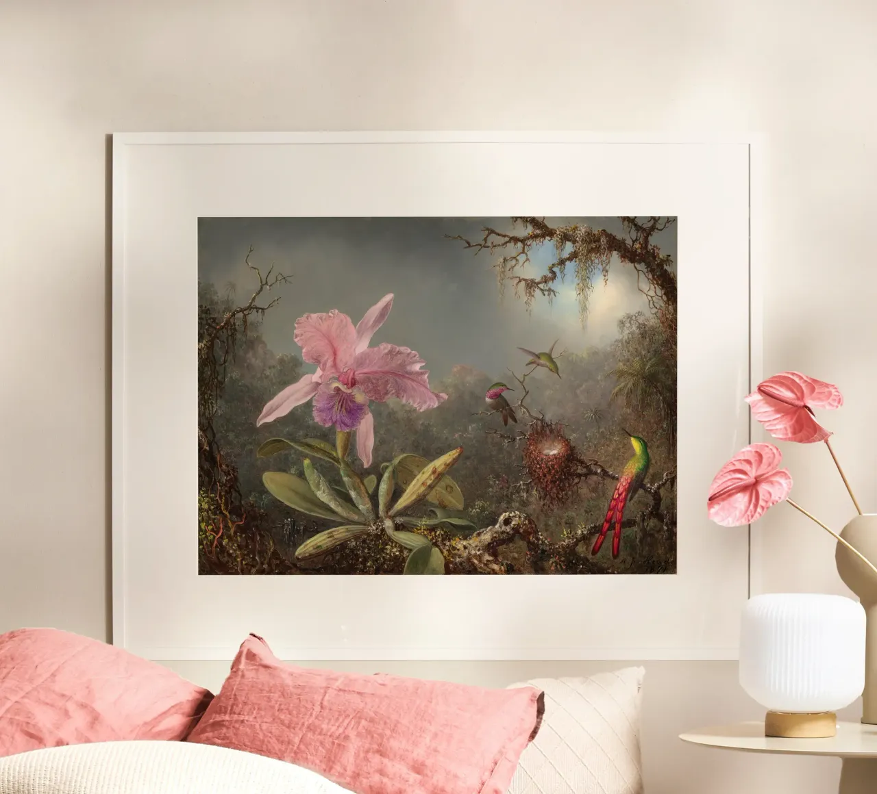 Cattleya Orchid and Three Hummingbirds poster con telaio in plastica da apoloprints