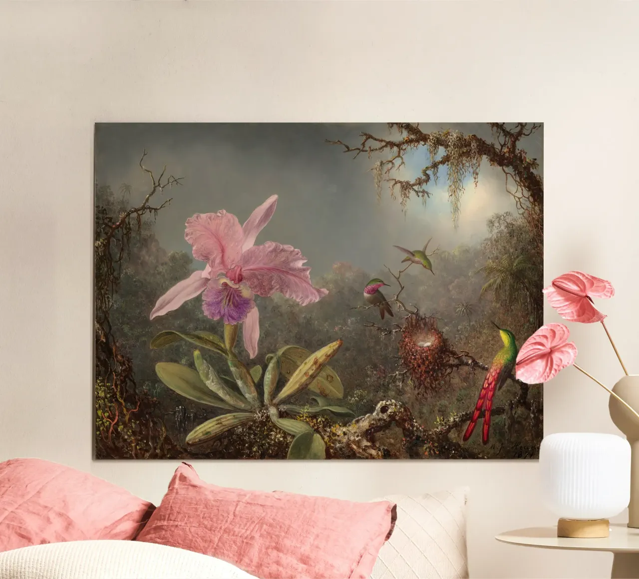 Cattleya Orchid and Three Hummingbirds poster con telaio in plastica da apoloprints