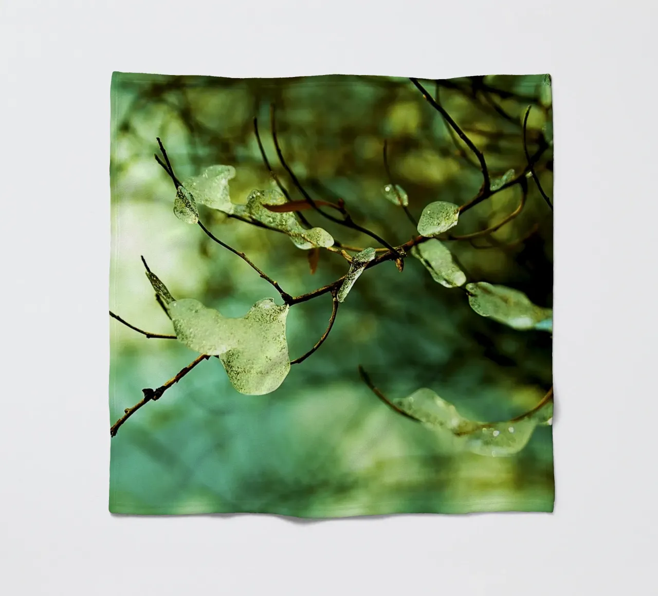 Smaragdgrüne Eistropfen auf winterlichen Zweigen - Fine Art Print Fleecedecke von jay