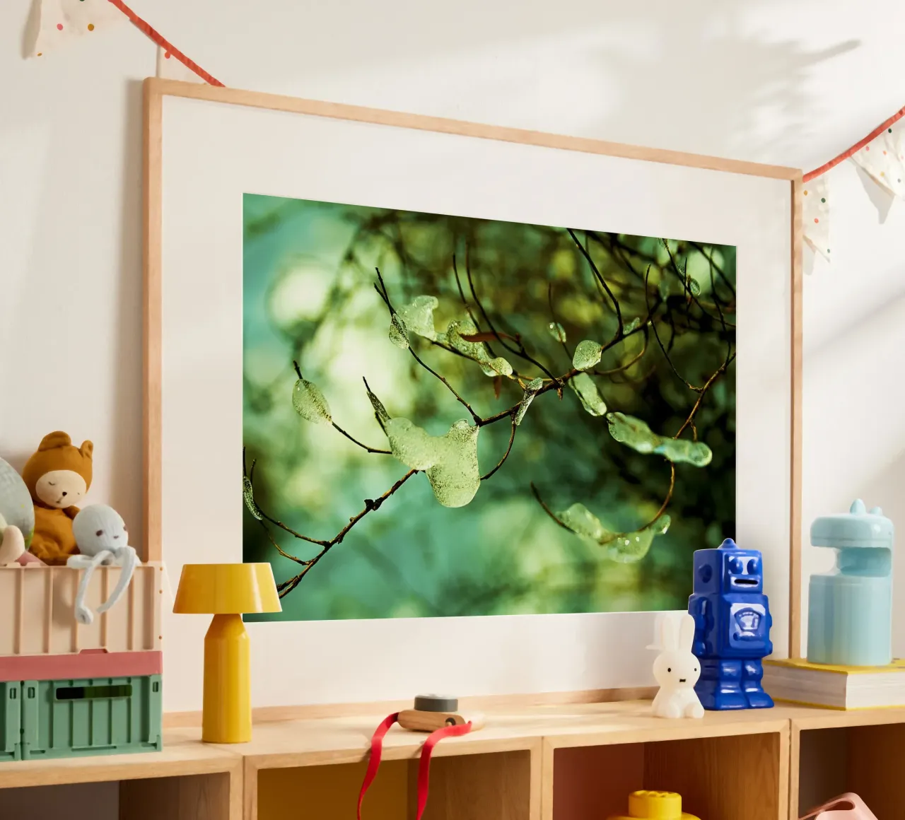 Emerald Ice Droplets on Winter Branches – Fine Art Print poster with aluminum frame by jay