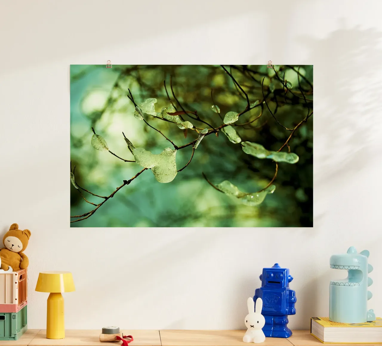 Emerald Ice Droplets on Winter Branches – Fine Art Print poster with aluminum frame by jay