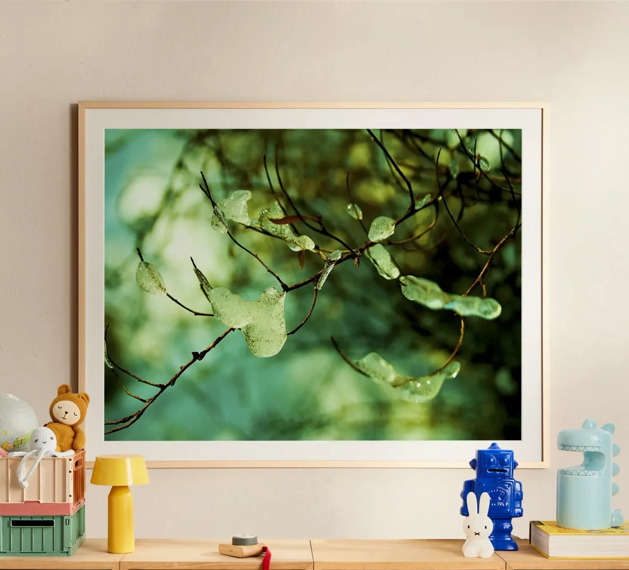 Emerald Ice Droplets on Winter Branches – Fine Art Print poster with aluminum frame by jay
