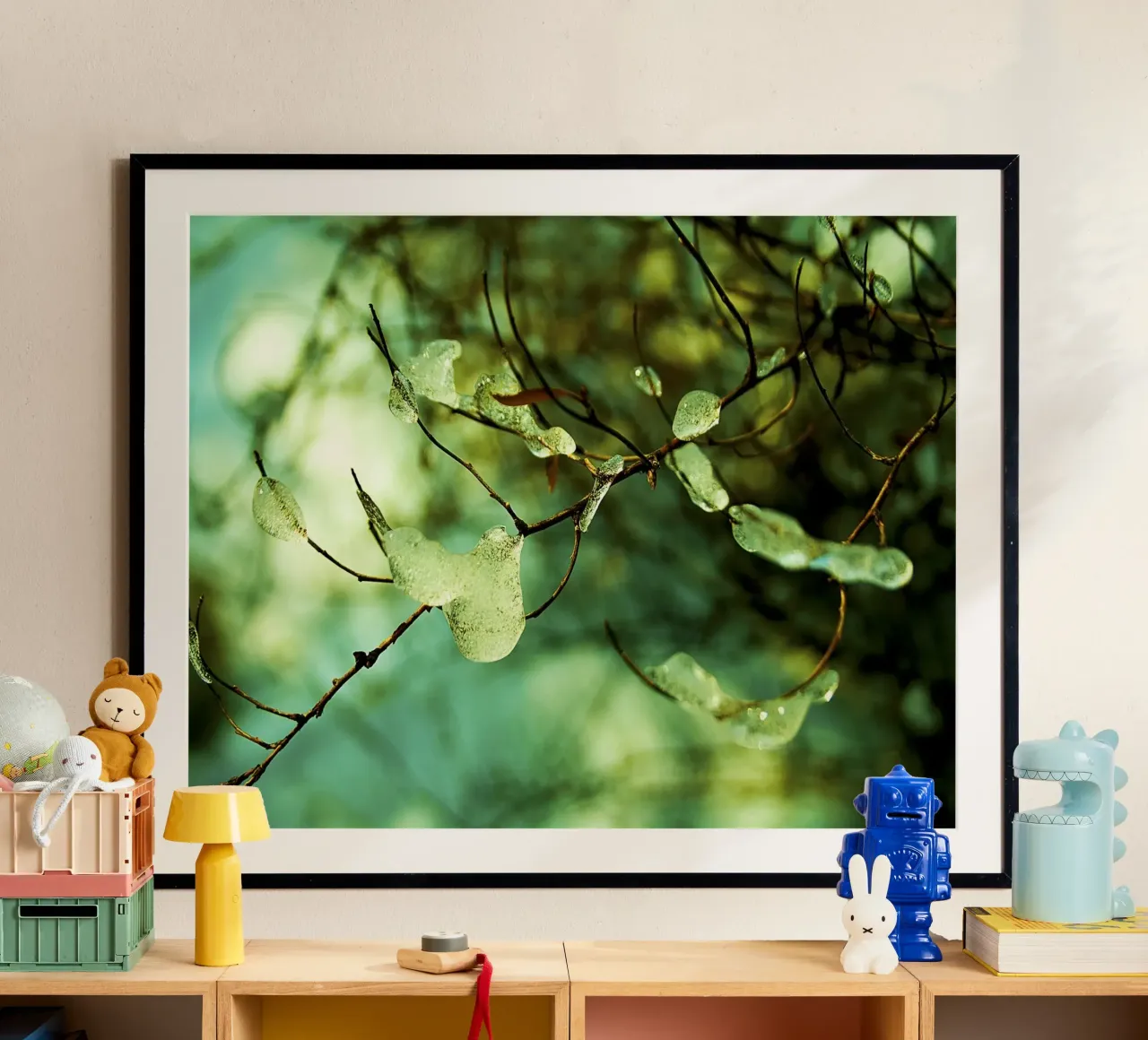 Emerald Ice Droplets on Winter Branches – Fine Art Print poster with aluminum frame by jay