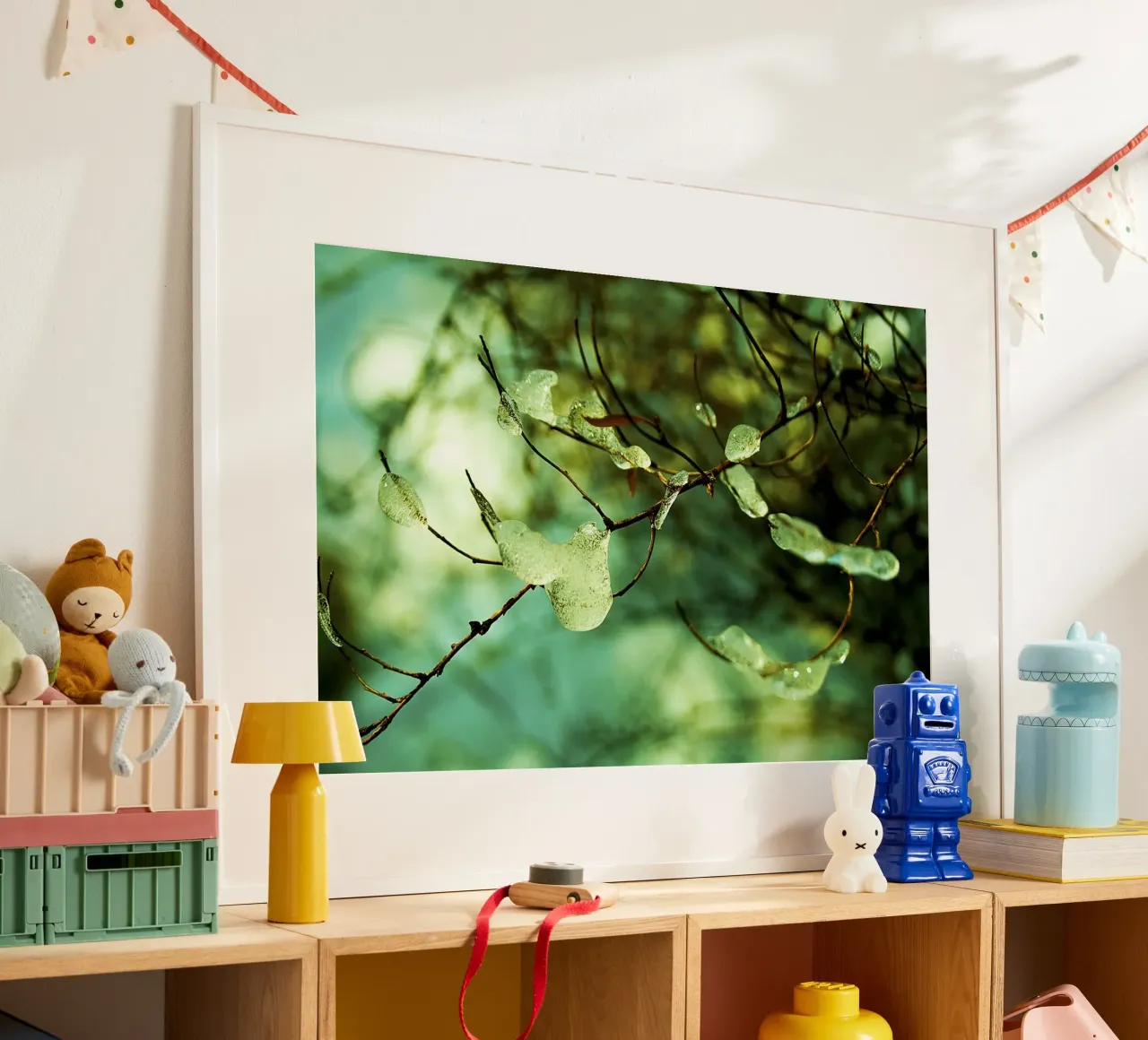 Emerald Ice Droplets on Winter Branches – Fine Art Print poster with aluminum frame by jay