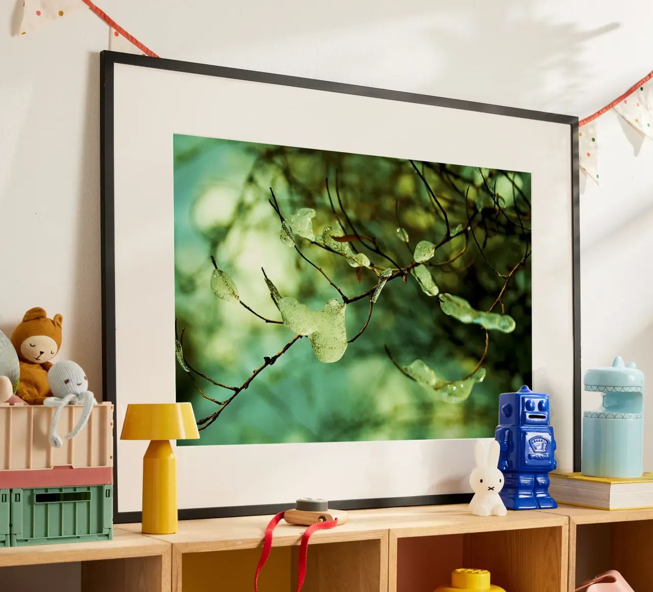 Emerald Ice Droplets on Winter Branches – Fine Art Print poster with aluminum frame by jay