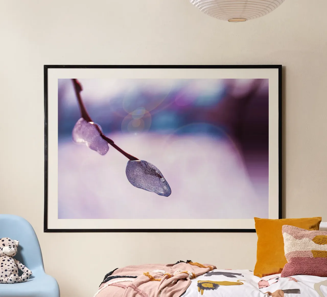 Frozen Branch with Soap Bubble Glow – Fine Art Photography P poster with wooden frame by jay