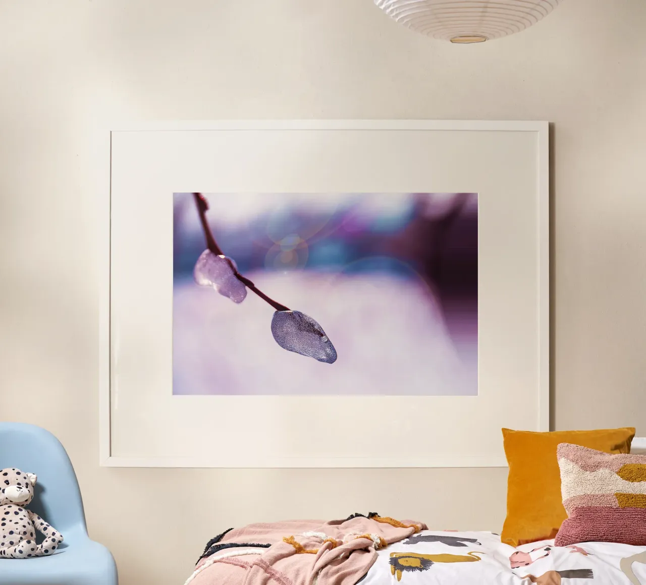 Frozen Branch with Soap Bubble Glow – Fine Art Photography P poster with wooden frame by jay
