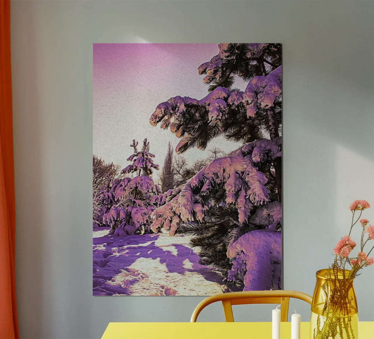 Pini innevati al tramonto - Stampa olio su tela invernale poster da jay