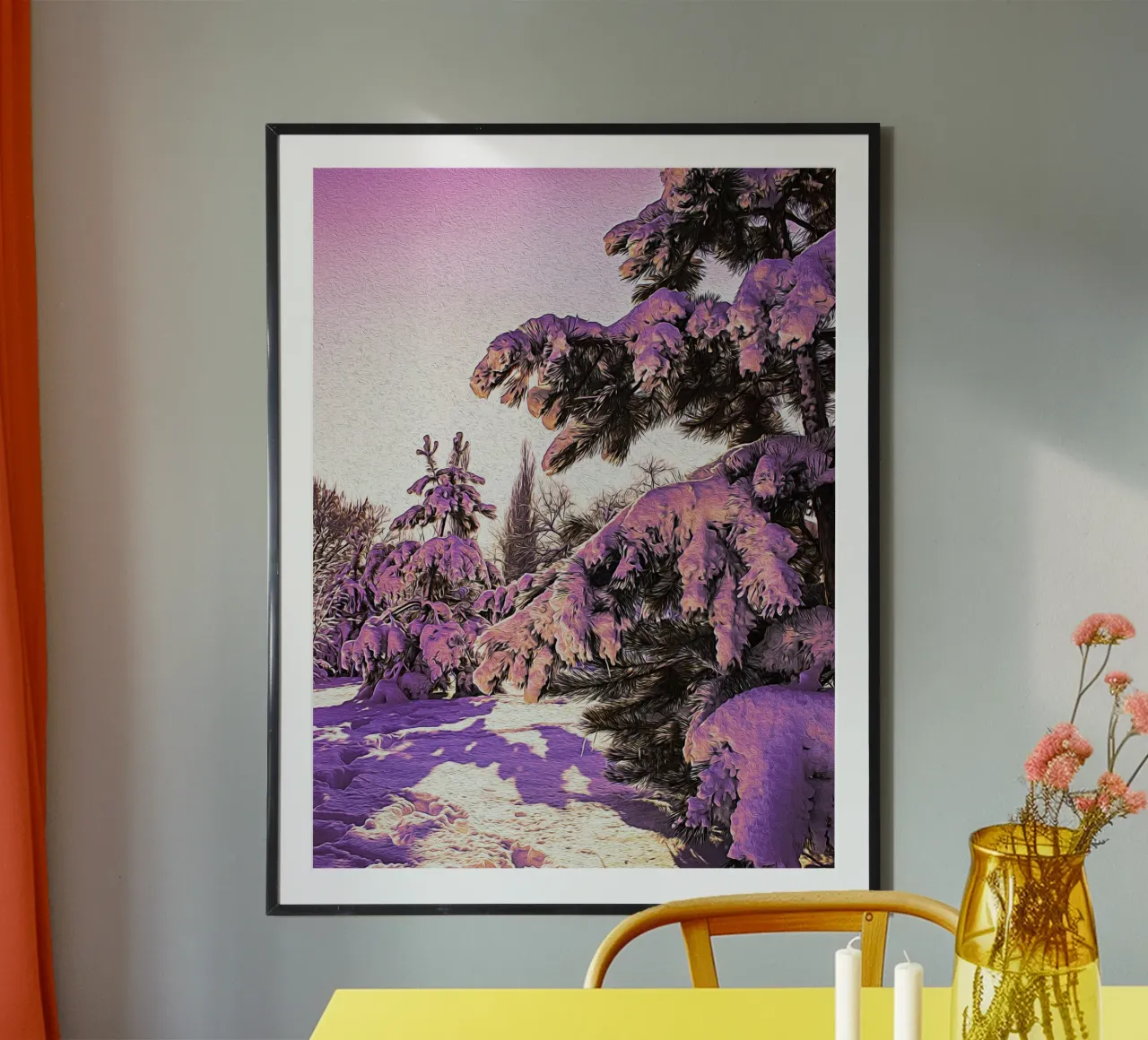 Pini innevati al tramonto - Stampa olio su tela invernale poster da jay