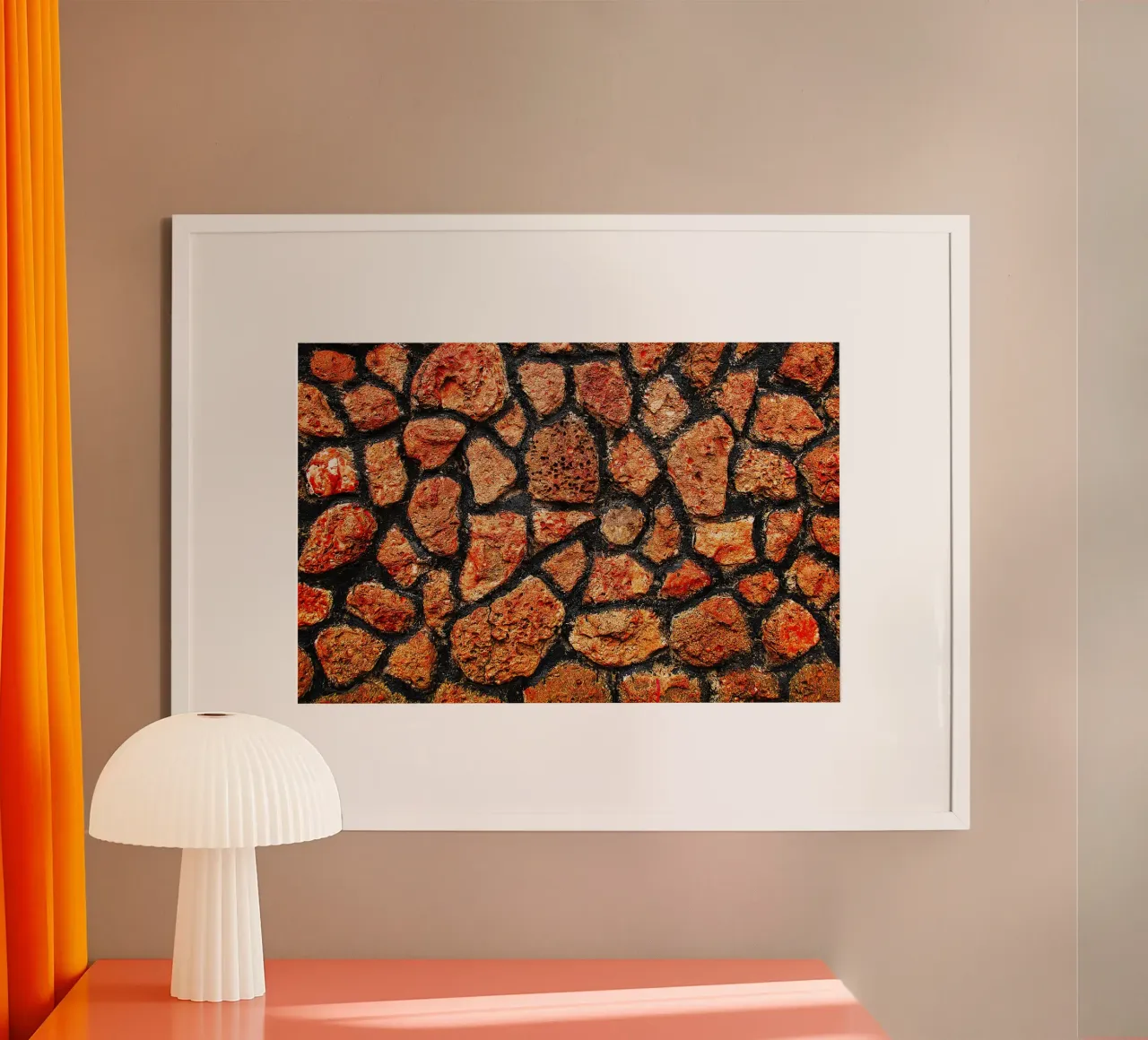 Red Stone Wall Texture – Subtle Spiral Abstract Art Print poster with wooden frame by jay