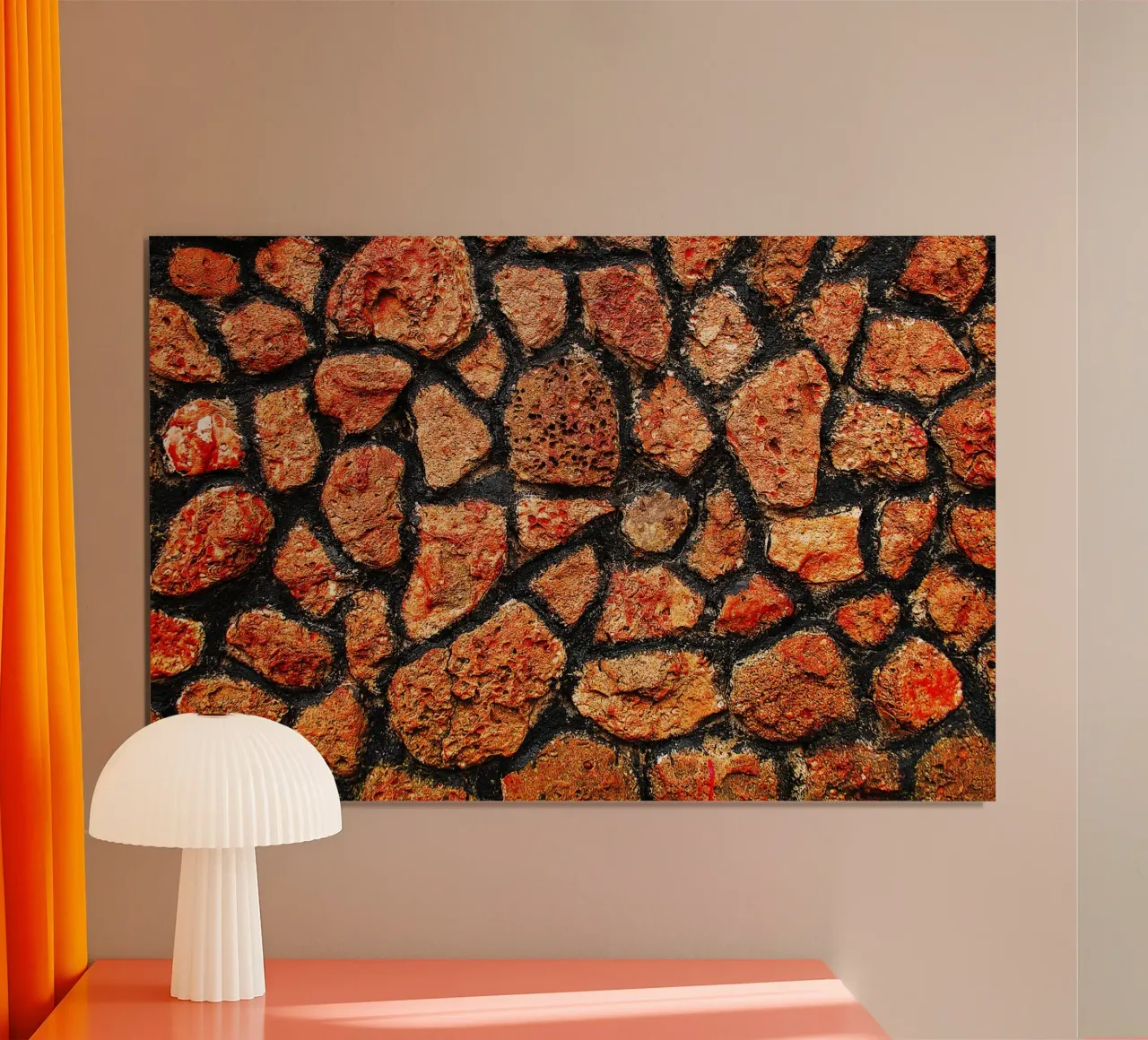 Red Stone Wall Texture – Subtle Spiral Abstract Art Print poster with wooden frame by jay