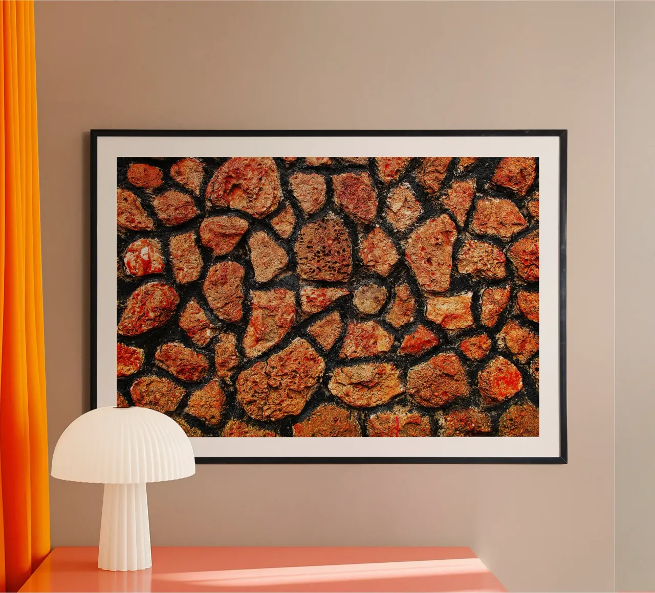 Red Stone Wall Texture – Subtle Spiral Abstract Art Print poster with wooden frame by jay