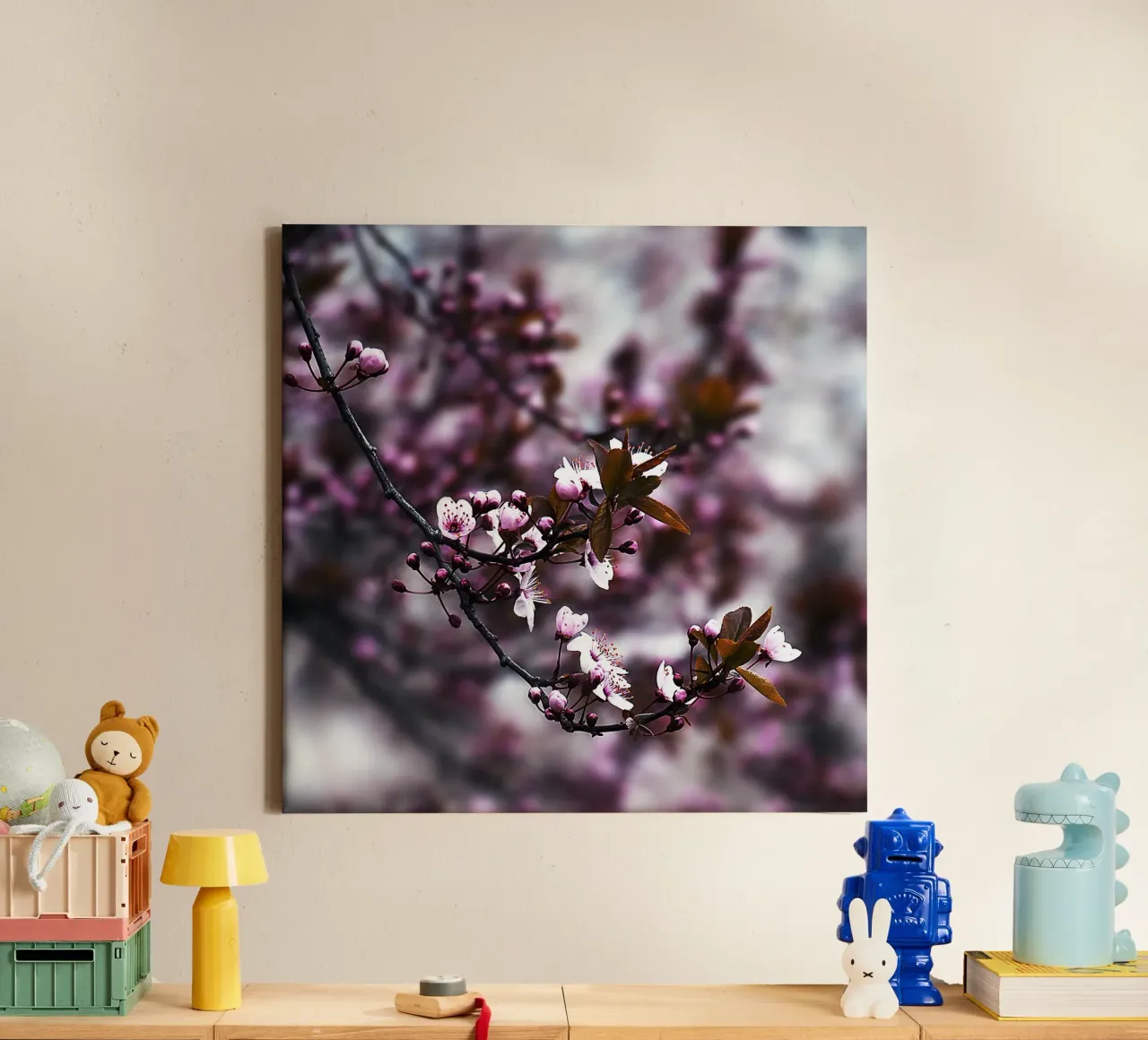 Lentebloesemtak in violette tinten - Kunstbloemenprint canvas met Baklijst van jay