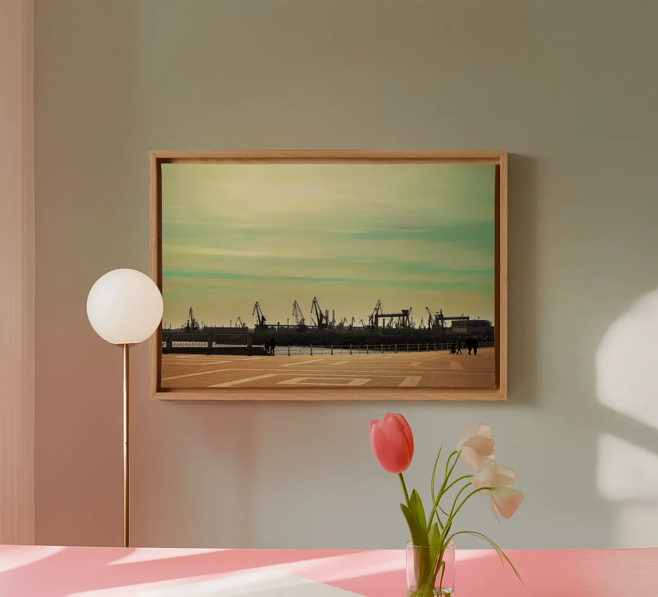 Minimalist Crane Silhouettes – Fine Art Photography Print Leinwand mit Schattenfugenrahmen von jay