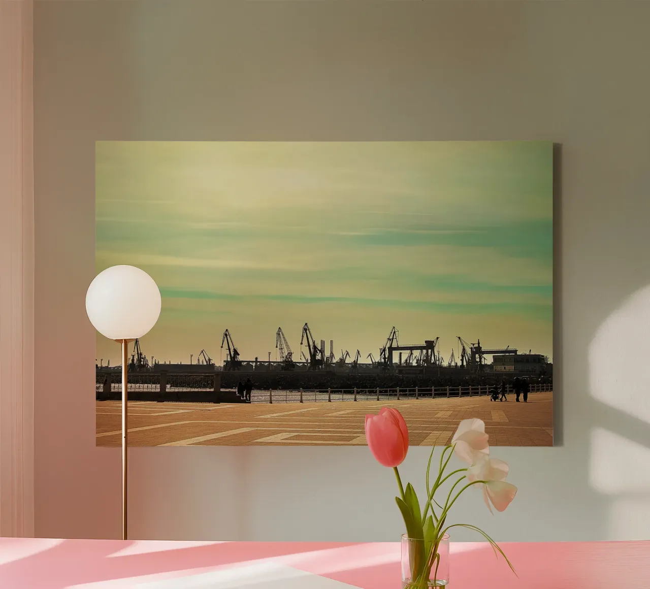 Minimalist Crane Silhouettes – Fine Art Photography Print Leinwand mit Schattenfugenrahmen von jay