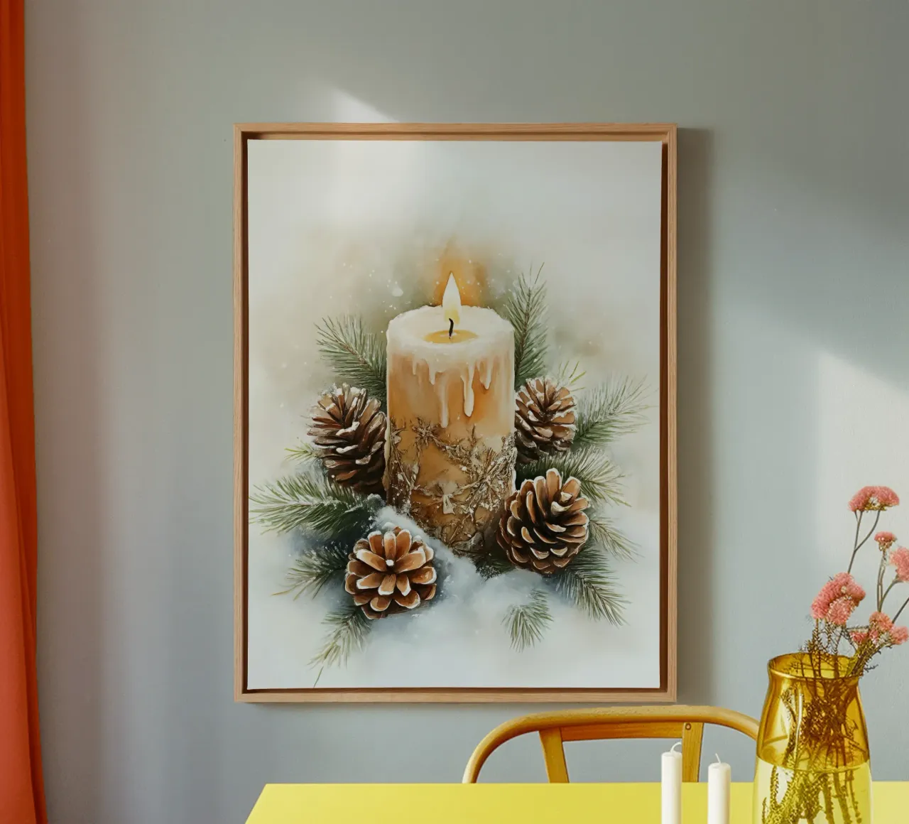 Kerstkaars Natuur Kaars Kerstkunst canvas met Baklijst van Studio Vibe