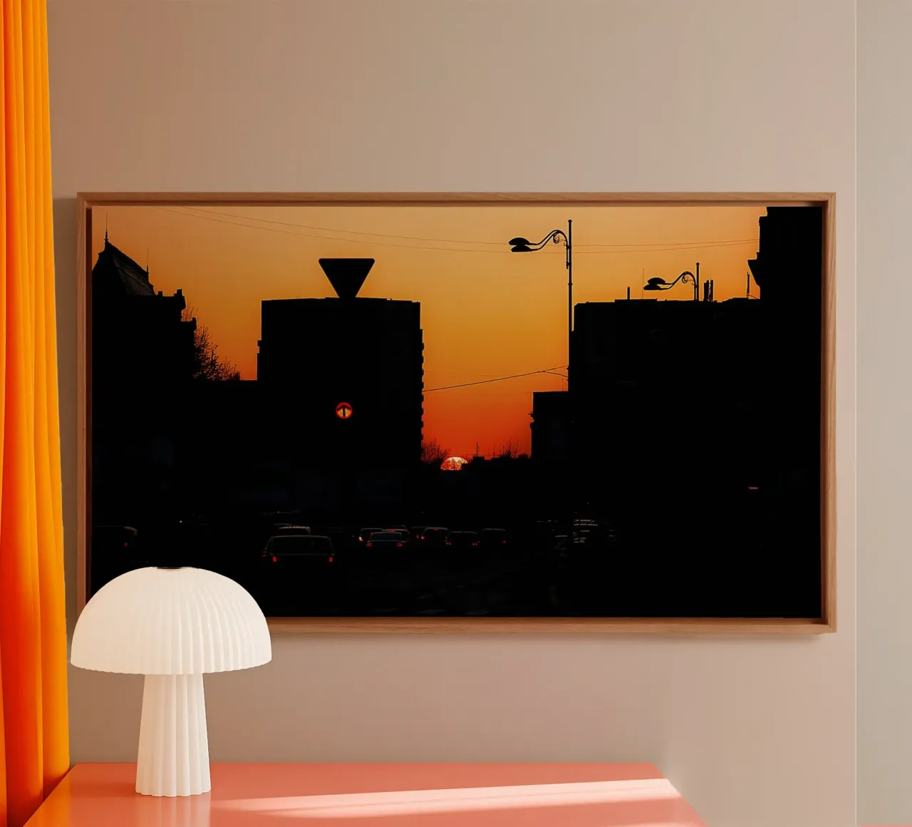 Rode lichten bij zonsondergang - Urban Silhouettes Fine Art Print canvas met Baklijst van jay