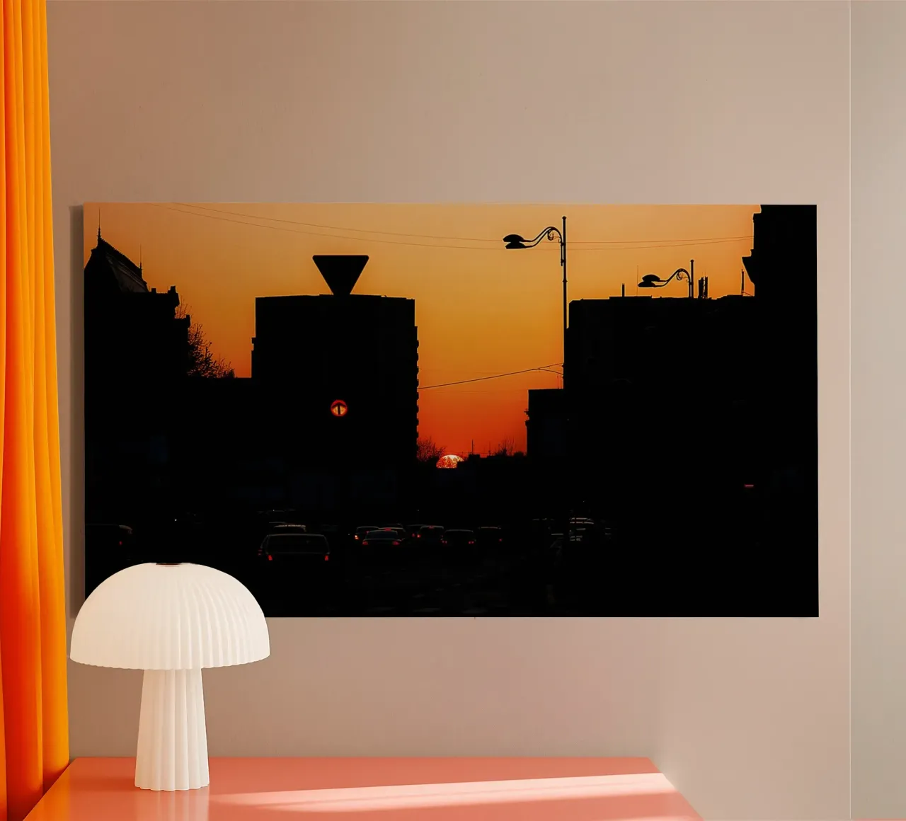 Rode lichten bij zonsondergang - Urban Silhouettes Fine Art Print canvas met Baklijst van jay