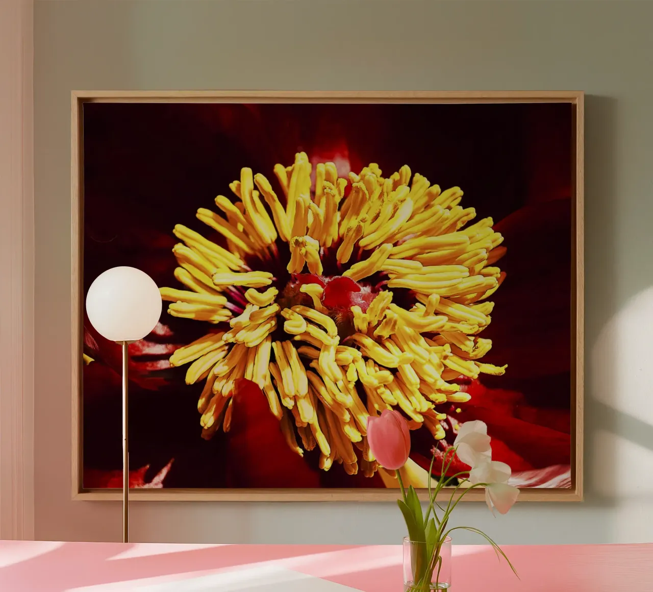 Peonia rossa in primo piano - Stampa d'arte floreale simile a un grembo materno tela con Cornice a cassetta da jay