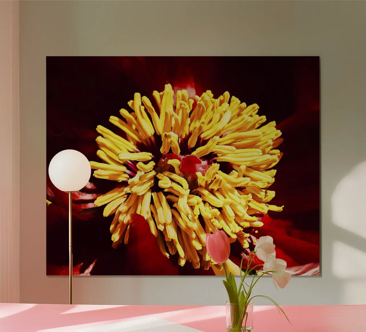 Peonia rossa in primo piano - Stampa d'arte floreale simile a un grembo materno poster da jay