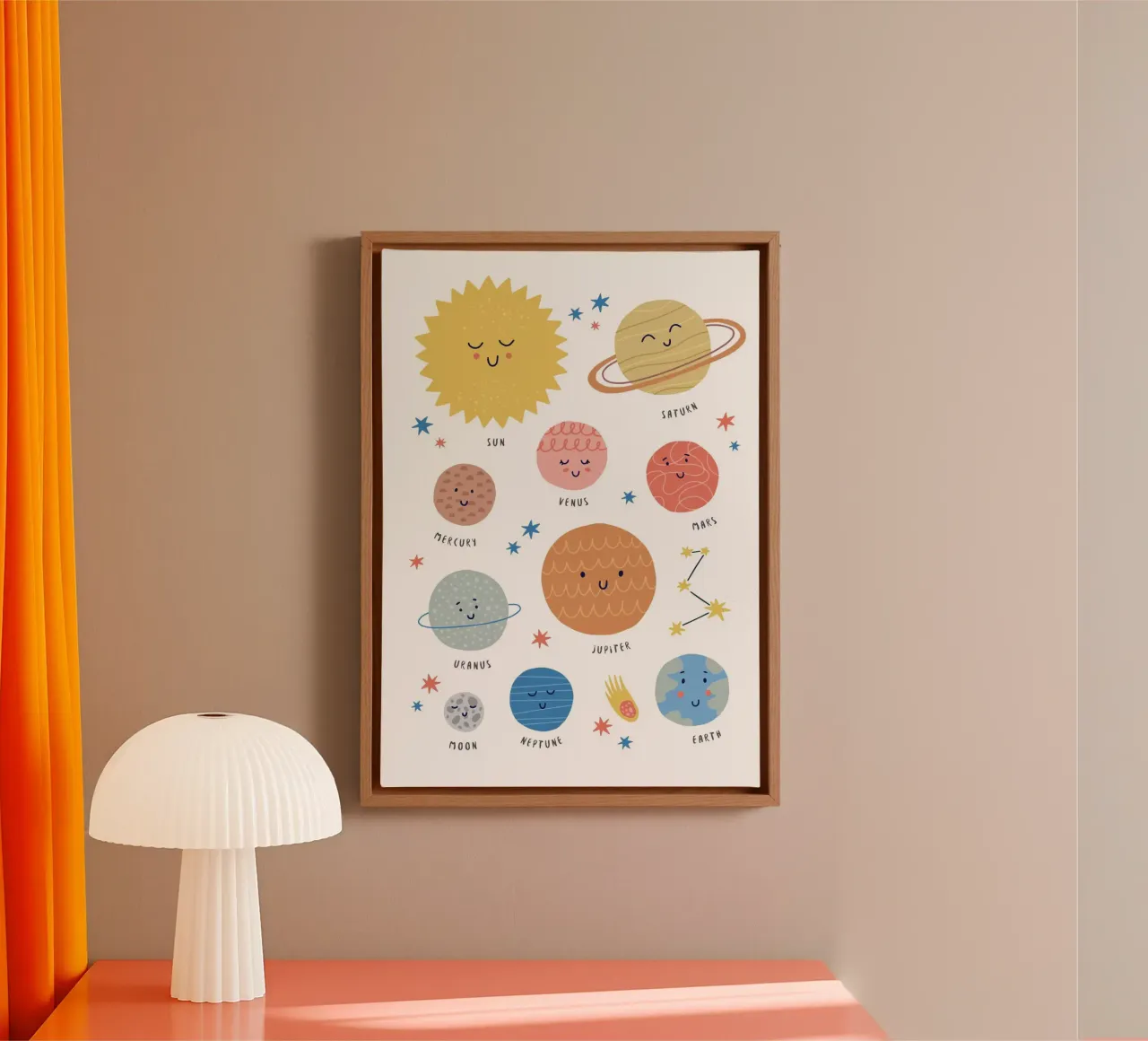 Poster mignon du système solaire, des planètes et de la lune pour les enfants toile avec Caisse américaine de vintagepod