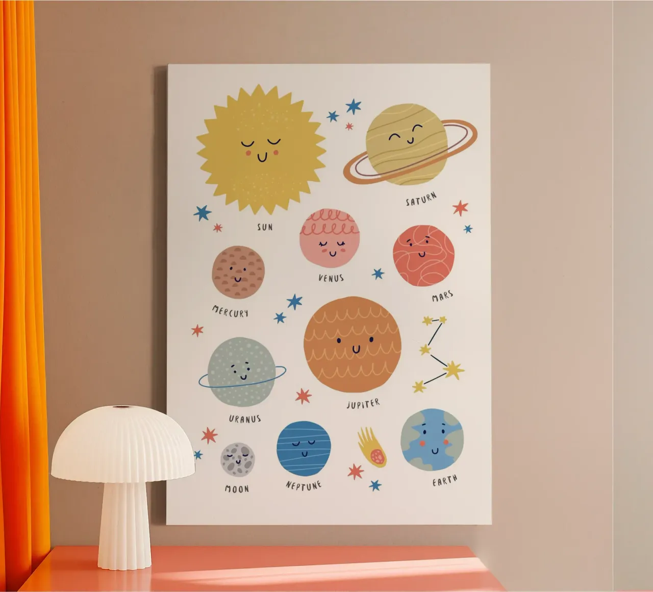 Poster mignon du système solaire, des planètes et de la lune pour les enfants toile avec Caisse américaine de vintagepod