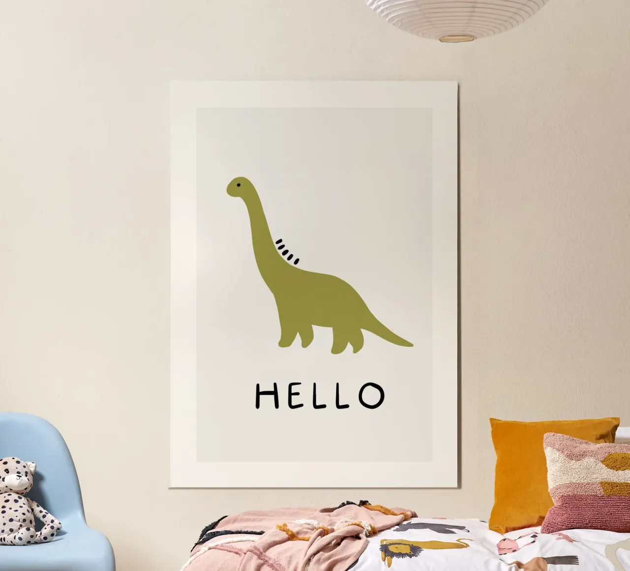 Simpatico poster di dinosauri "Hello" - Arte per la cameretta dei bambini poster con telaio in alluminio da vintagepod
