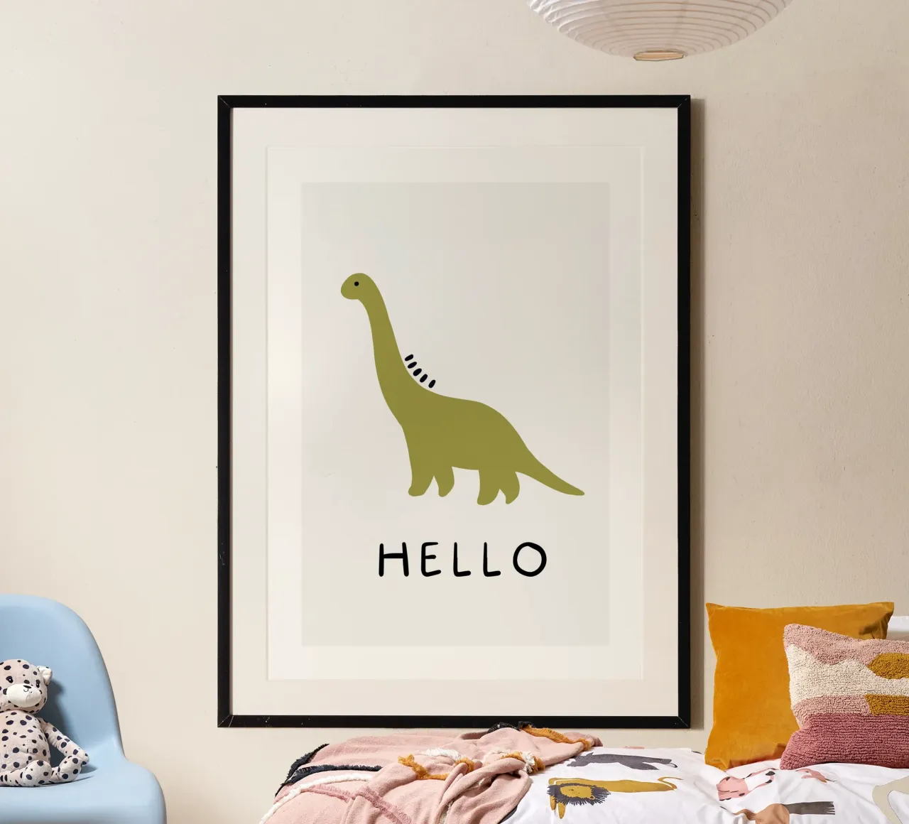Simpatico poster di dinosauri "Hello" - Arte per la cameretta dei bambini poster con telaio in alluminio da vintagepod