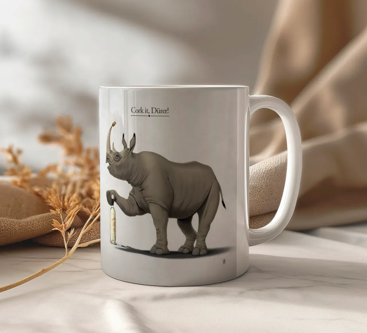 Cork it, Dürer! (Titled) tazza in ceramica da Rob Art | Illustration