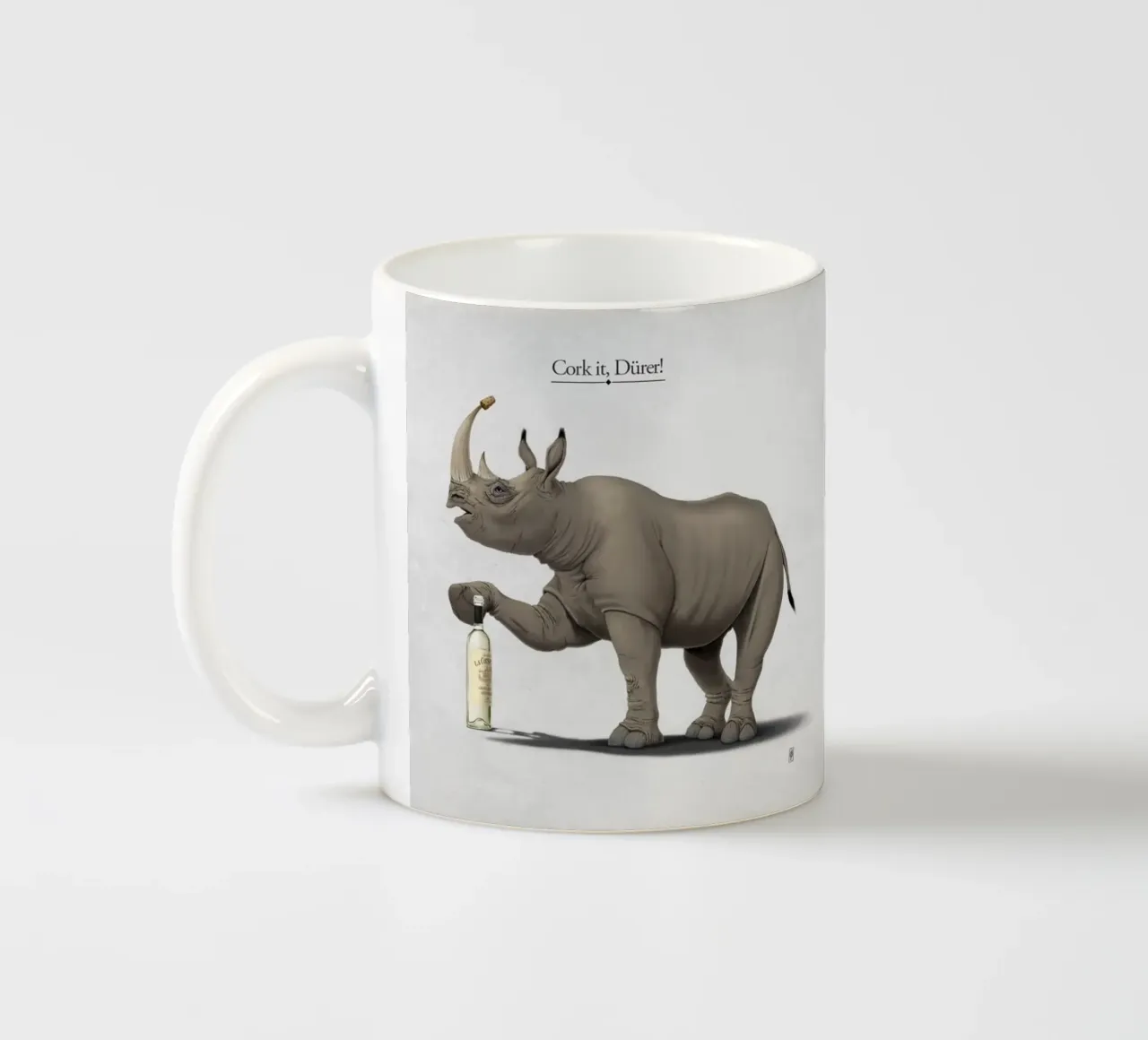 Cork it, Dürer! (Titled) tazza in ceramica da Rob Art | Illustration