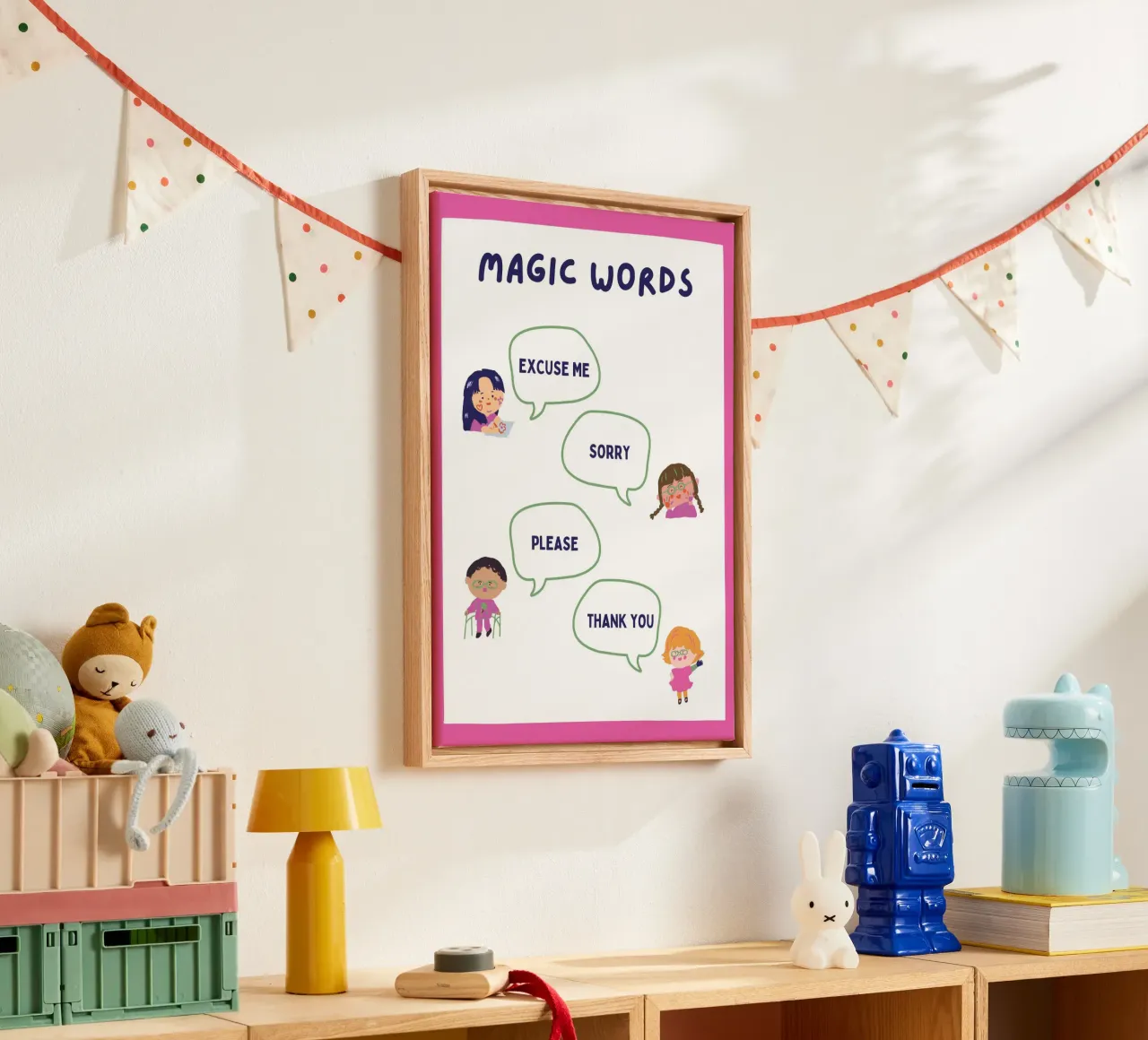 Poster con parole magiche e buone maniere - Arte sociale per bambini tela con Cornice a cassetta da vintagepod