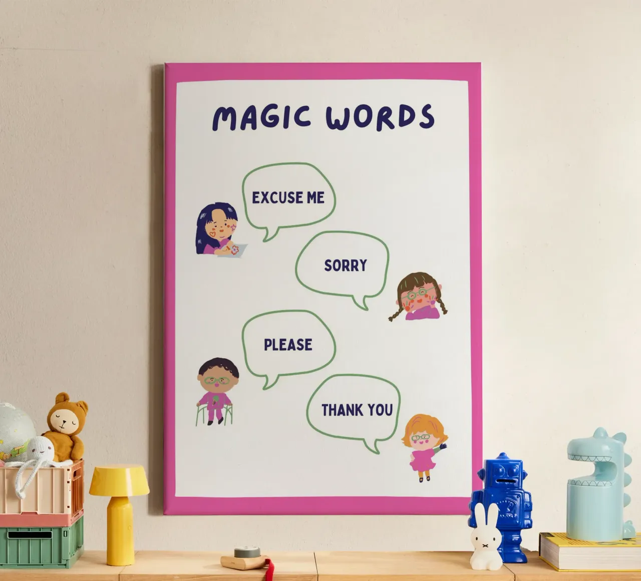 Poster con parole magiche e buone maniere - Arte sociale per bambini tela con Cornice a cassetta da vintagepod