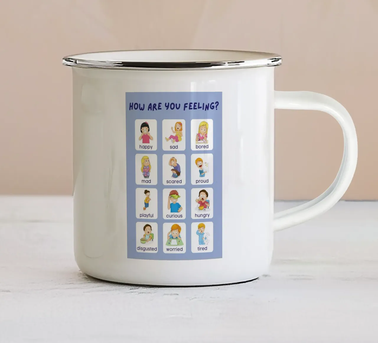 "Come ti senti?" Grafico delle emozioni per bambini tazza in smalto da vintagepod