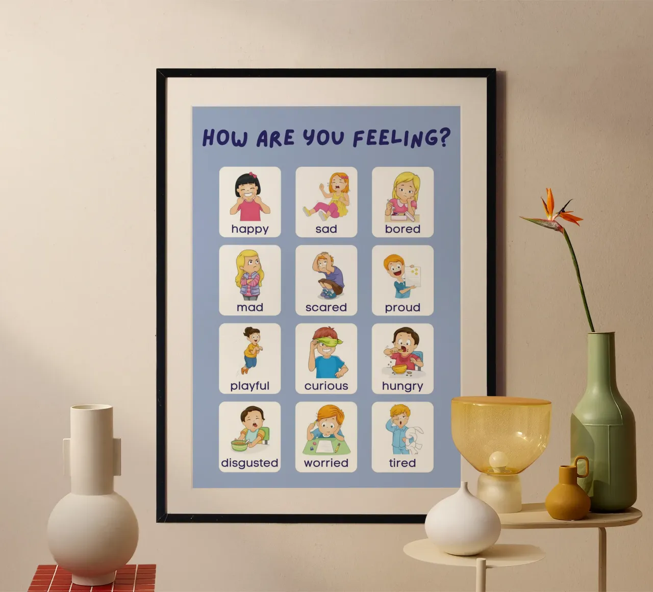 "Come ti senti?" Grafico delle emozioni per bambini poster con telaio in plastica da vintagepod