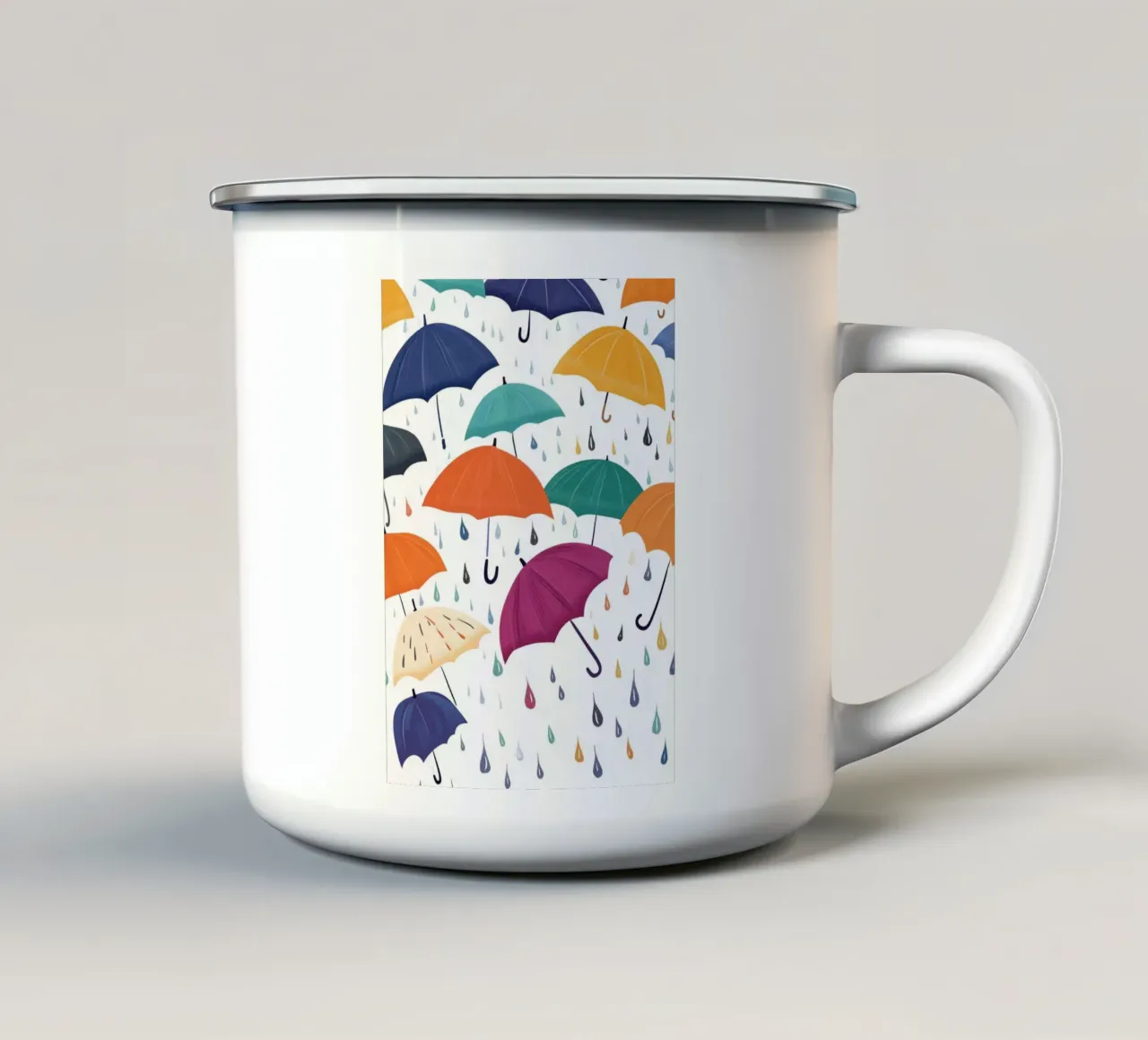 Poster artistico con ombrelli e gocce di pioggia colorate tazza in smalto da vintagepod