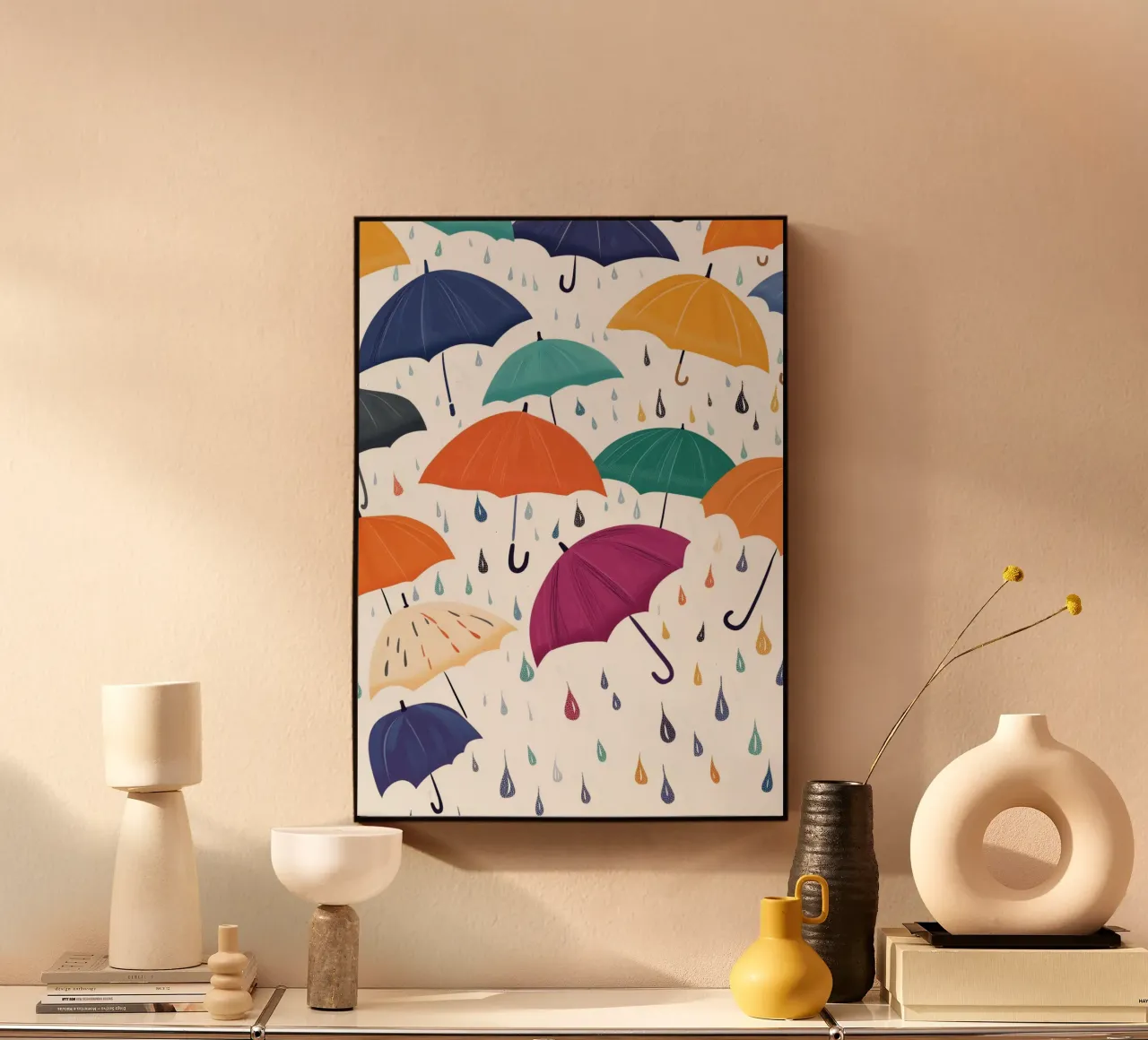 Poster artistico con ombrelli e gocce di pioggia colorate plexiglass da vintagepod
