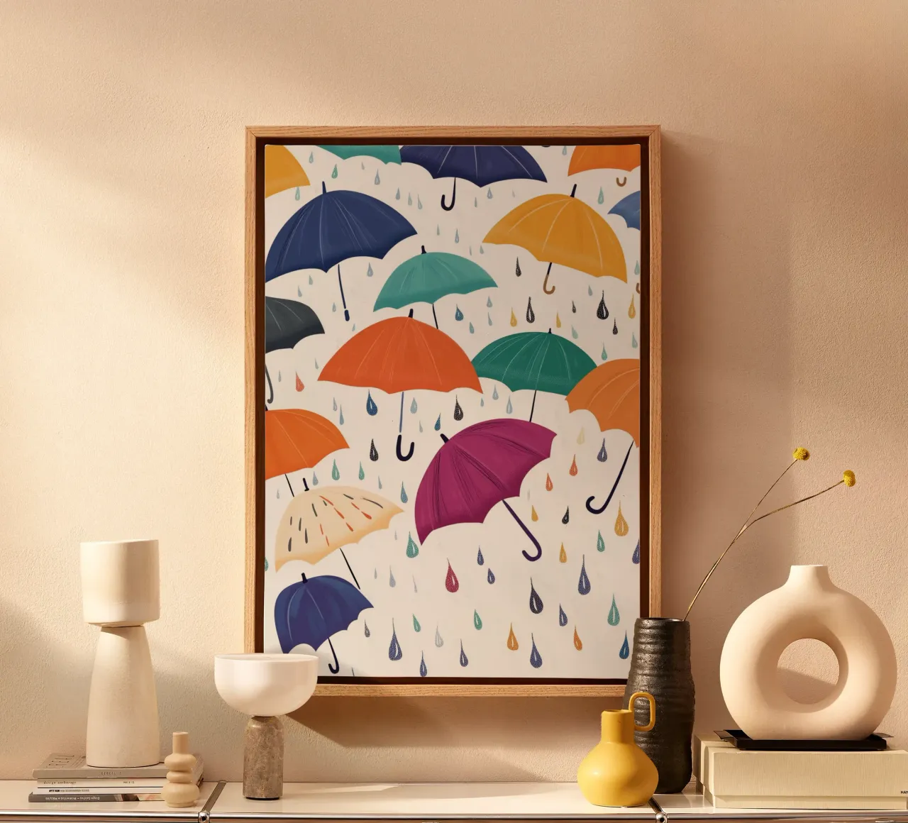 Poster artistico con ombrelli e gocce di pioggia colorate tela con Cornice a cassetta da vintagepod