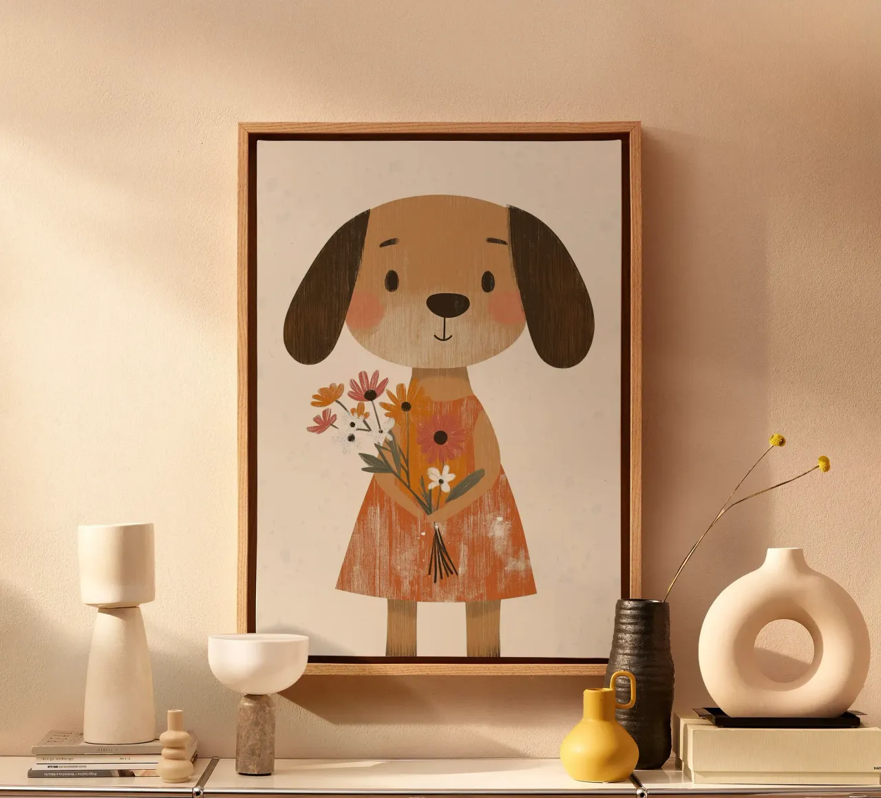 Lindo Perro con Flores Arte Póster - Boho Nursery Art lienzo con Marco flotante de vintagepod
