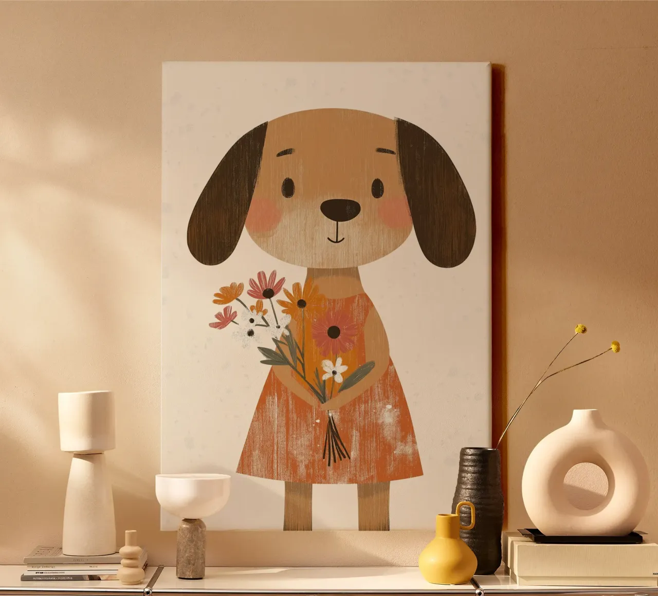Lindo Perro con Flores Arte Póster - Boho Nursery Art lienzo con Marco flotante de vintagepod