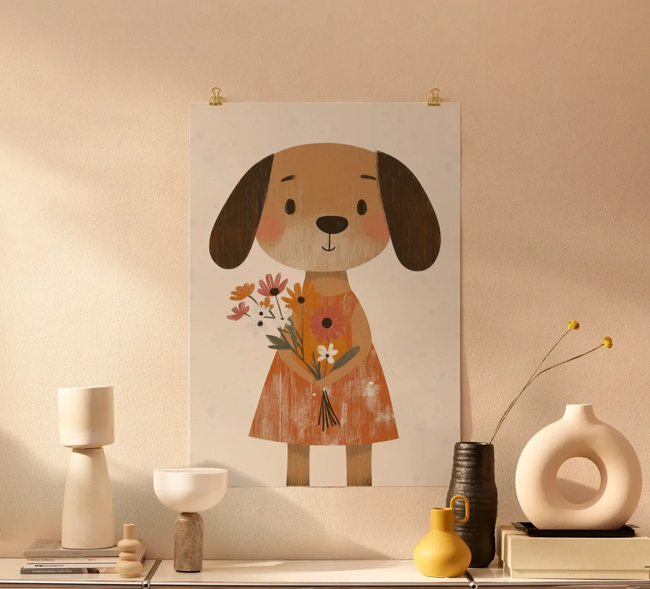 Lindo Perro con Flores Arte Póster - Boho Nursery Art poster de vintagepod