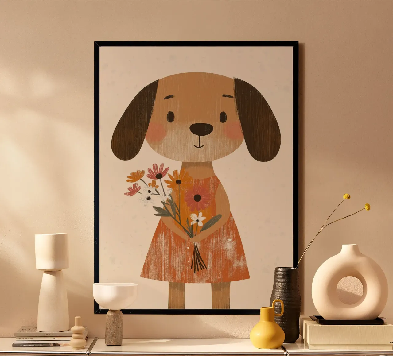 Lindo Perro con Flores Arte Póster - Boho Nursery Art poster de vintagepod