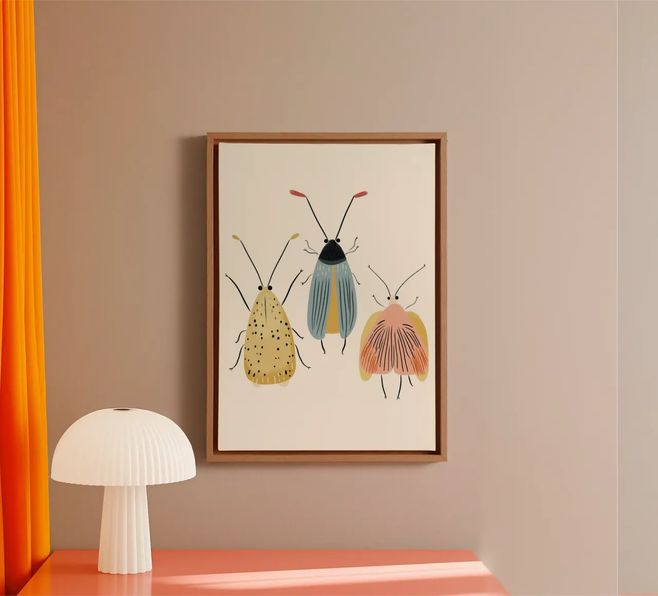 Drei niedliche abstrakte Käfer - Insekt Kunst Poster Leinwand mit Schattenfugenrahmen von vintagepod