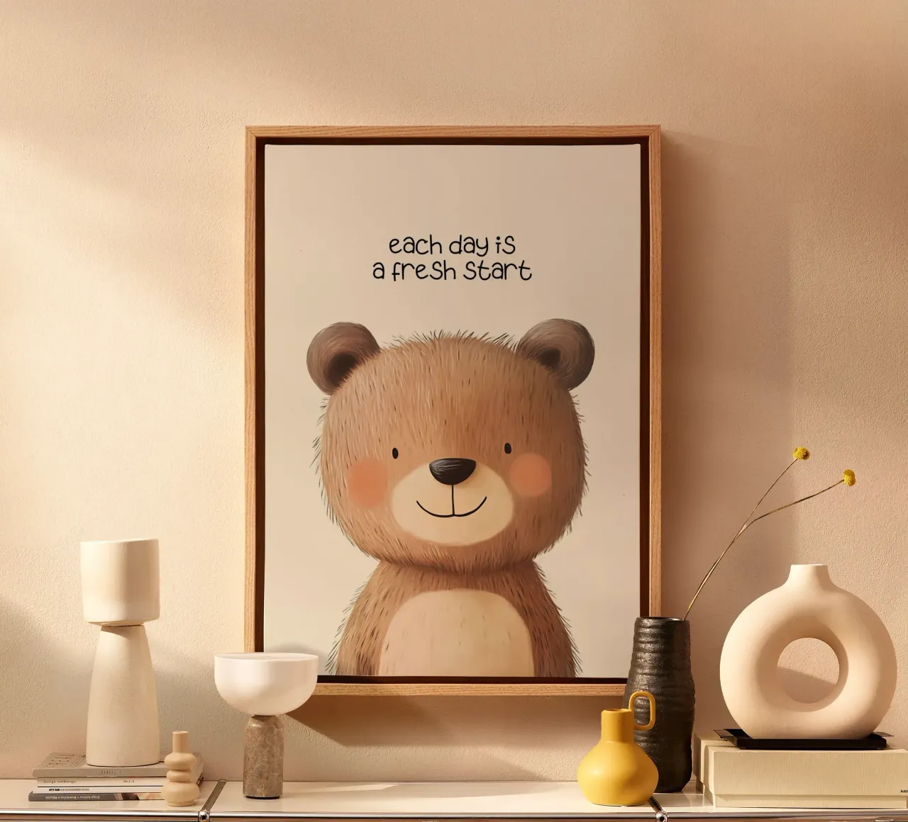 Schattige Teddybeer "Frisse Start" Motiverende Kunstdruk canvas met Baklijst van vintagepod