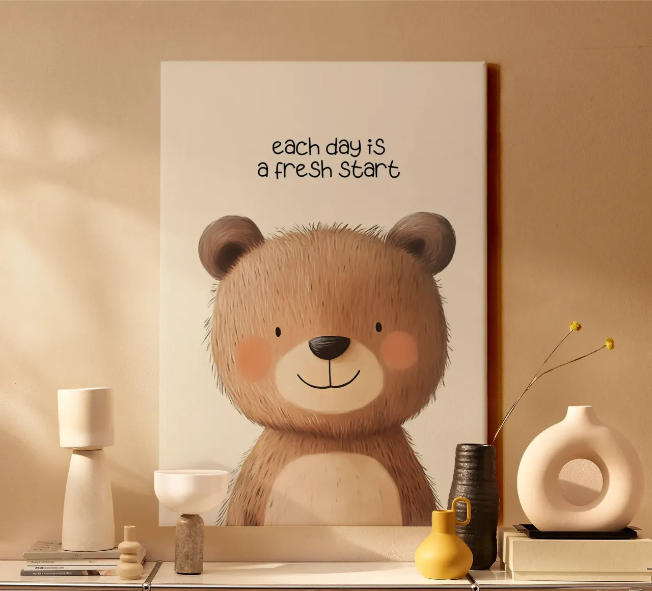 Schattige Teddybeer "Frisse Start" Motiverende Kunstdruk canvas met Baklijst van vintagepod