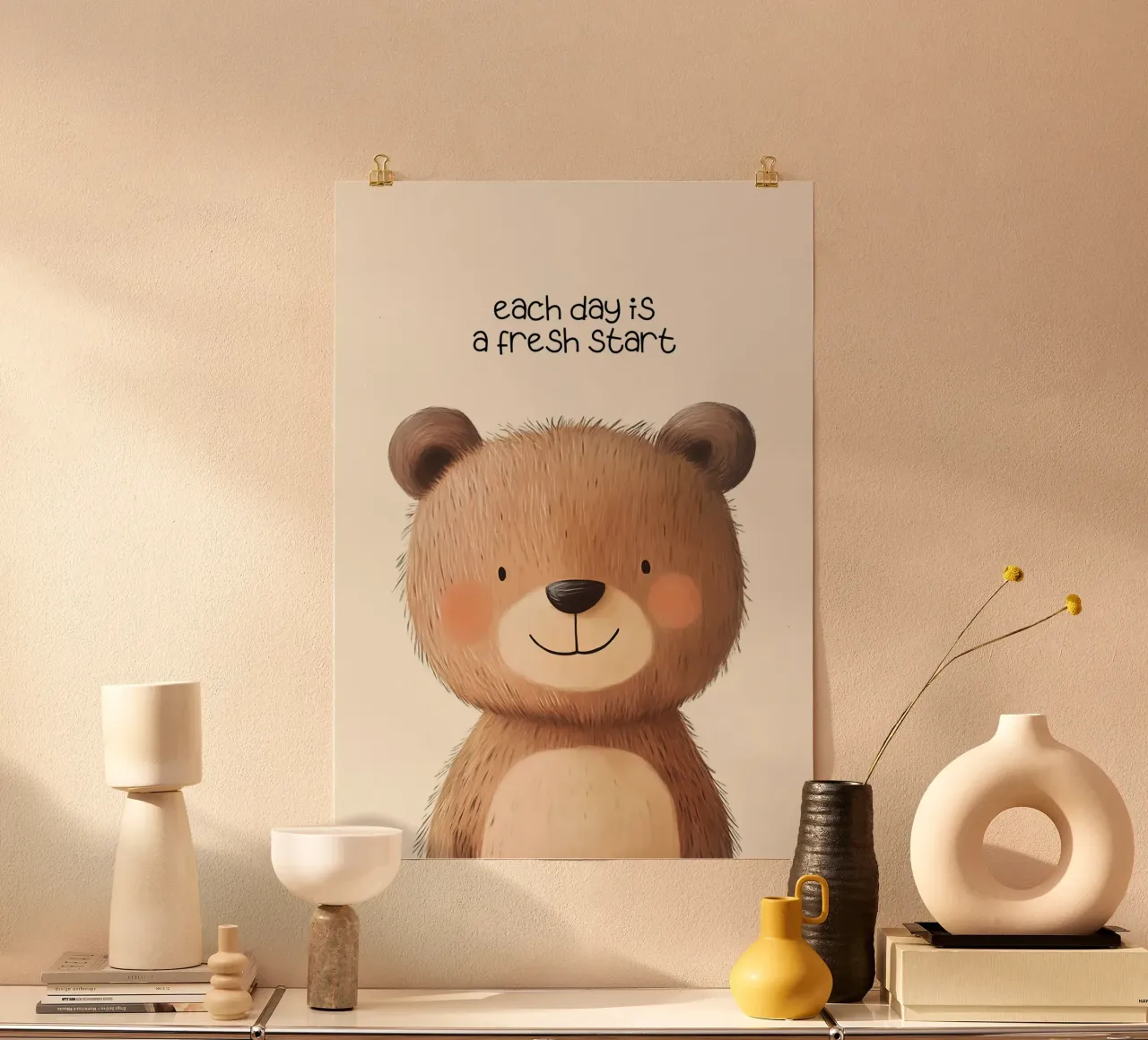 Niedlicher Teddybär "Fresh Start" Motivations-Kunstdruck Poster mit Kunststoffrahmen von vintagepod