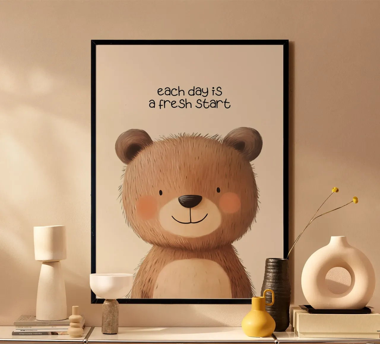 Niedlicher Teddybär "Fresh Start" Motivations-Kunstdruck Poster mit Kunststoffrahmen von vintagepod