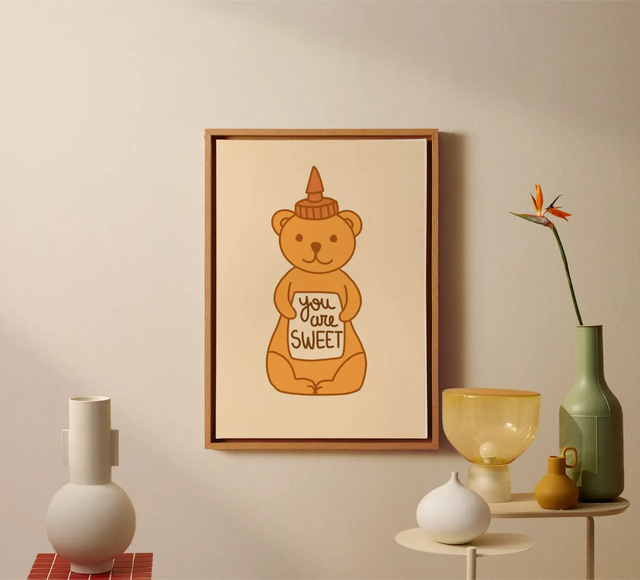 Schattige Honey Bear Jar "You Are Sweet" Kunstdruk canvas met Baklijst van vintagepod