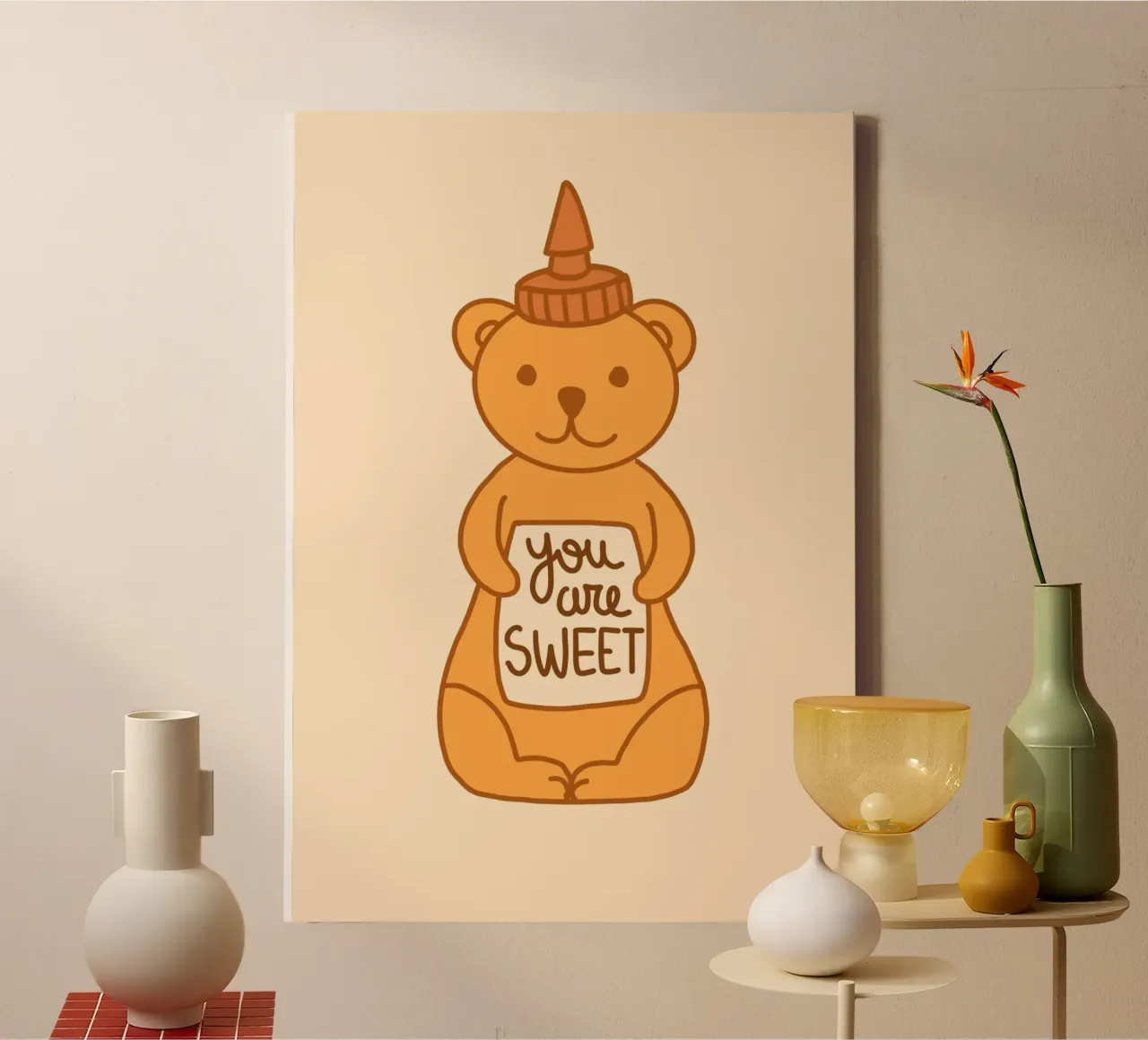Schattige Honey Bear Jar "You Are Sweet" Kunstdruk canvas met Baklijst van vintagepod