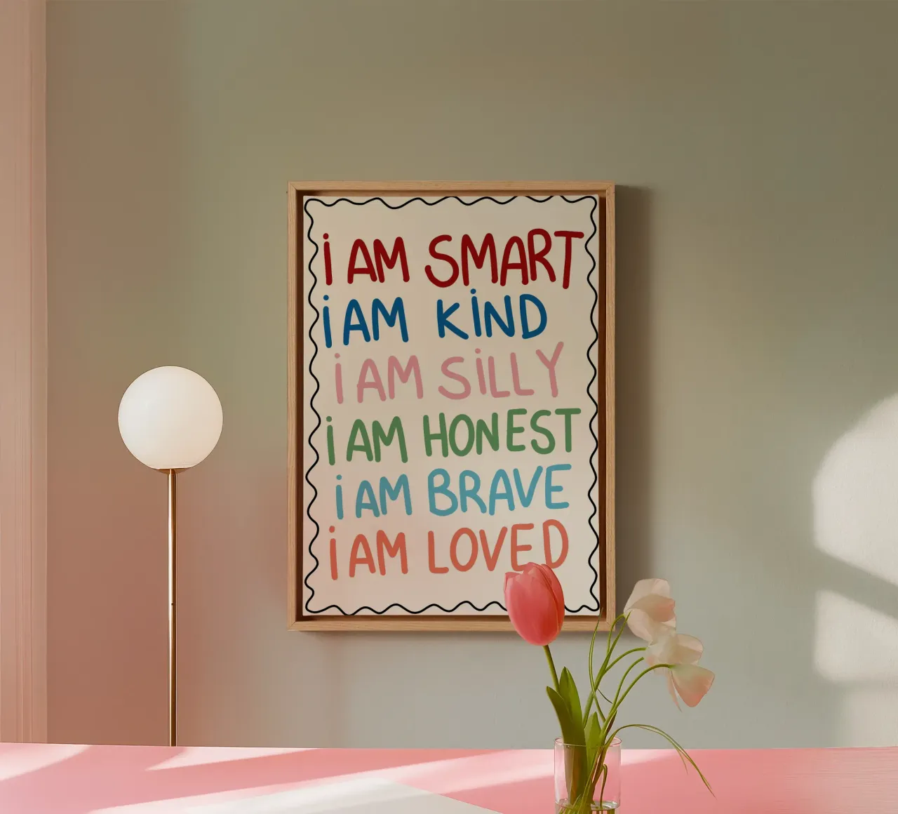 Poster di affermazione per la stanza dei bambini "Io sono" Parole positive tela con Cornice a cassetta da vintagepod
